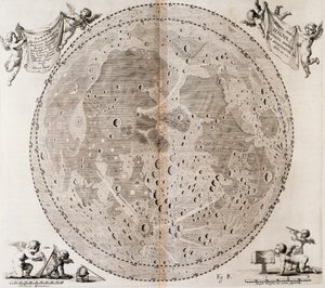 Erste detaillierte Mondkarte, gezeichnet 1647 von Johann Hevelius, Druck aus Johann Hevelius