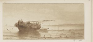 Schiff mit gerefftem Segel auf einem Fluss