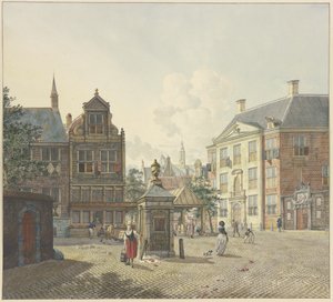 Auf einem freien Platz ein Brunnenhaus, dabei eine Magd in rotem Rock und mit einem Eimer von Johannes Huibert Prins