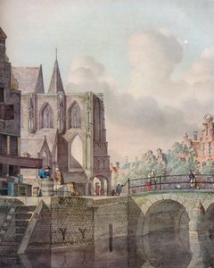 Kontinentale Flusslandschaft mit Brücke und Kirche, 18. Jahrhundert