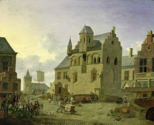 Marktplatz mit Figuren und Bauern, die auf einem Marktplatz handeln