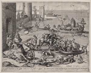 Sankt Martin mit seinem Pferd auf einem Schiff von Johannes I van Doetecum (d. 1605)
