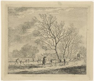 Winterlandschaft mit Kühen und Schlittschuhläufern