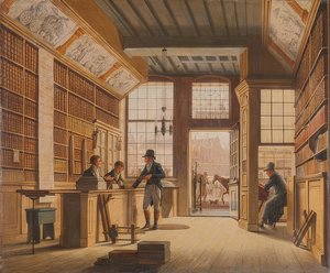 Der Laden des Buchhändlers Pieter Meijer Warnars am Vijgendam in Amsterdam von Johannes Jelgerhuis