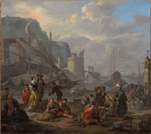 Ein Mittelmeerhafen mit einem eleganten Paar und Reisenden, die am Kai ruhen