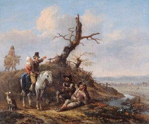 Landschaft mit reisenden Rastenden und Paar zu Pferd, 17. Jahrhundert von Johannes Lingelbach