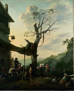 Gebirgslandschaft mit tanzenden und musizierenden Bauern vor einem Gasthaus