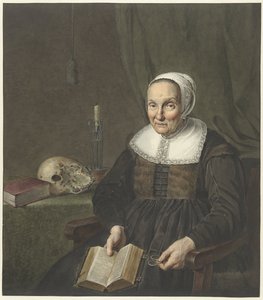 Porträt einer sitzenden alten Frau mit aufgeschlagenem Buch