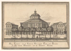 Ansicht der Neuen Holländischen Kirche von Batavia (Das Gesicht der Großen Holländischen Kirche in Batavia von der anderen Seite des Großen Flusses) von Johannes Rach