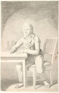 Junger schreibender Junge, der an einem Tisch sitzt von Johannes Senn