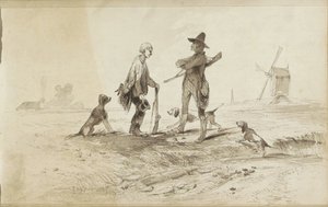 Jäger mit Hunden in einer Landschaft mit einer Mühle von Johannes Tavenraat