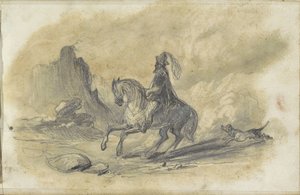 Reiter mit einem Hund auf einem felsigen Pfad von Johannes Tavenraat