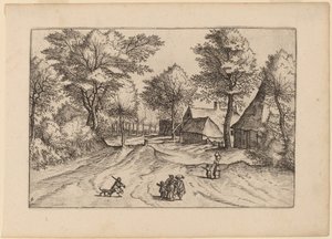 Dorfstraße mit Bauernhof und Schuppen von Johannes and Lucas van Doetechum after Master of the Small Landscapes