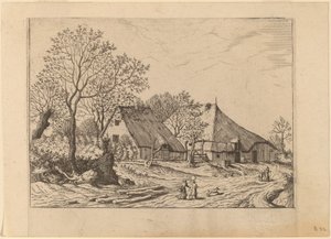Bauernhof mit Schuppen und Ziehbrunnen