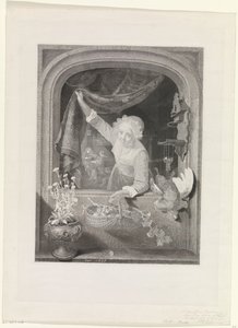 Frau mit Korb mit Früchten in der Hand am Fenster von Johannes de Mare