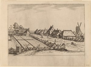 Felder und ein Dorfweg mit Postmühle