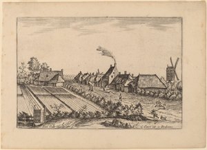 Felder und eine Dorfstraße mit Postmühle