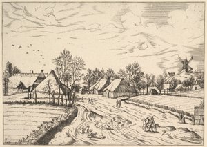 Dorf mit Postmühle aus Multifariarum casularum ruriumque lineamenta curios..., 1559-61 von Johannes van Doetecum I