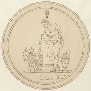 Allegorische Männerfigur, stehend mit zwei Löwen