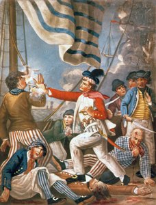 John Paul Jones erschießt einen Matrosen, der versucht hatte, seine Farben zu streichen, veröffentlicht von Carrington Bowles von John (after) Collet