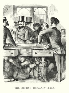 Punch-Karikatur: Die britische Brigantenbank - Korruption im Bankwesen und der Zusammenbruch der Royal British Bank (Stich) von John (after) Leech