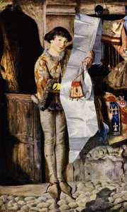 Junge vor einem Tuchladen im Mittelalter, der seine Waren anpreist (Foto)