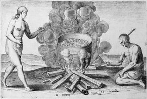 Kochen in einem Topf, Gravur von Gysbert van Veen (1562-1628)