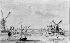 Ein Blick auf die Holzsägemühlen an der Zaan, die Stadt Zaandam dahinter von John (attr. to) Greenwood
