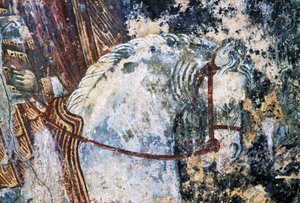 Pferd, beschädigtes Fresko an der Decke der Kirche Agios Vasileios, Vavouledo, Kreta, Griechenland