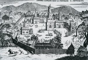Die Kosaken unter der Führung von Stepan Razin greifen 1670 die Festung Astrachan an, Russland