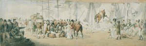 Das Einschiffen von Truppen und Pferden in Margate (England), um 1800. Aquarell (17,8x54 cm) von John Augustus Atkinson (1775-1833), frühes 19. Jahrhundert