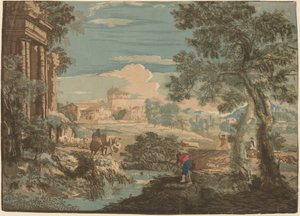 Heroische Landschaft mit Fischer, Kühen und Reitern von John Baptist Jackson after Marco Ricci