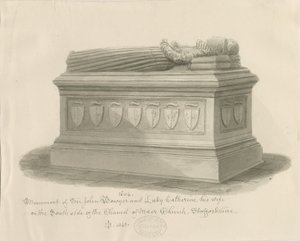 Maer Church - Denkmal für Sir John Bowyer und Lady Catherine: Sepiawaschzeichnung, 1843