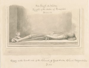Weston-under-Lizard Kirche - Abbild von Sir Hugh de Weston: Sepia-Zeichnung, 1842 von John Buckler