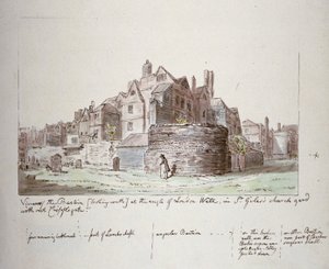Bastion am Winkel der London Wall, St. Giles ohne Cripplegate Kirchhof, City of London, 1779