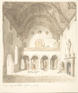 Lea Castle, Worcestershire, Blick in die Große Halle, nach Westen, ca. 1816 von John Carter.