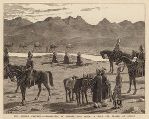 Der afghanische Feldzug, Deportation von Sirdars nach Indien, ein Halt zum Gebet bei Sonnenuntergang