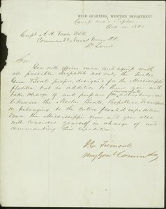Brief unterschrieben J.C. Fremont, Major General Commanding, Hauptquartier, Western Department, Lager bei Tipton, an Kapitän A.H. Foote, U.S.N. Kommandant der Marinekräfte H.D., St. Louis, 11. Oktober 1861