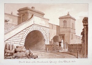 Blick auf das südliche Ende der Southwark-Brücke von Bankside, Southwark, London, 1828