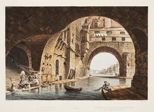 Der Waschplatz des Krankenhauses Hôtel-Dieu und die Brücke de la Tournelle, Illustration aus Versailles, Paris und Saint Denis, veröffentlicht 1805 von John Claude Nattes