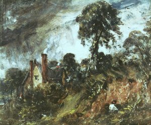 Hütte unter Bäumen mit Sandbank, ca. 1830-36