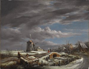Winterlandschaft mit Figuren auf einem Pfad, eine Fußbrücke und Windmühlen dahinter