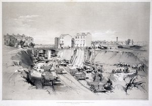 Bau der Stützmauern in der Park Street, Camden Town, 1836 von John Cooke Bourne