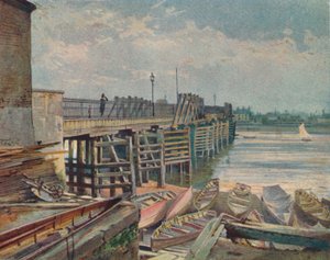 Alte Battersea-Brücke, vom Nordufer aus, Blick über die Themse, London, 1885-1926 von John Crowther