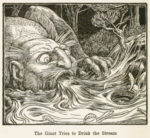 Der Riese versucht, den Bach zu trinken, aus Europas Märchenbuch, veröffentlicht 1916
