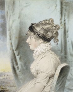 Porträt einer Dame, identifiziert als Eliza Were Holdsworth, sitzend, halblang, im Profil nach links, in einem weißen Kleid und mit einem schwarzen Haarband, neben einem Vorhang, mit einer Küstenansicht dahinter, 1804