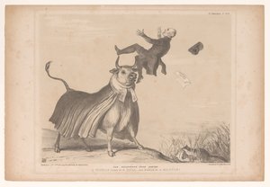 Karikatur des Bischofs von Exeter, von einem Stier auf die Hörner genommen
