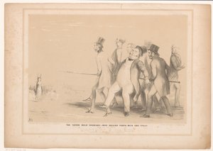 Spotprent mit sieben Männern, die mit einem Speer einen Hasen angreifen von John Doyle