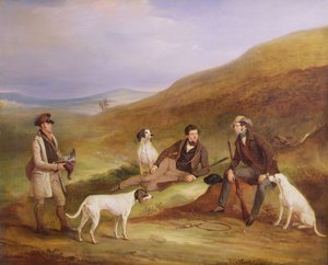 Edward Horner Reynard und sein Bruder George beim Moorhuhnschießen mit dem Wildhüter Tully Lamb in Middlesmoor, Yorkshire