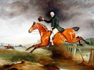 Porträt von George Marriott auf seinem braunen Jäger, der einen Zaun überspringt, mit einer Jagd im Hintergrund